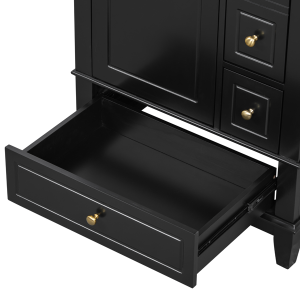24" Bathroom Vanity with Sink and Drawers, Black Freestanding Vanity Cabinet with Ceramic Top and Storage Shelves, MDF and Solid Wood Base, Modern Sink Cabinet for Small Bathrooms-4