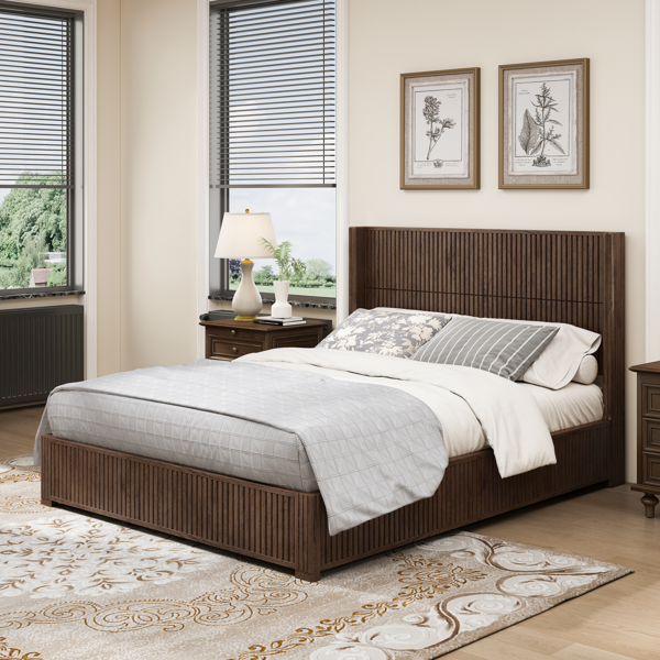Solid Wood Platform Bed Frame with Headboard, No Box Spring Needed, Floor-standing bed, Easy Assembly, Queen Size, Walnut-2