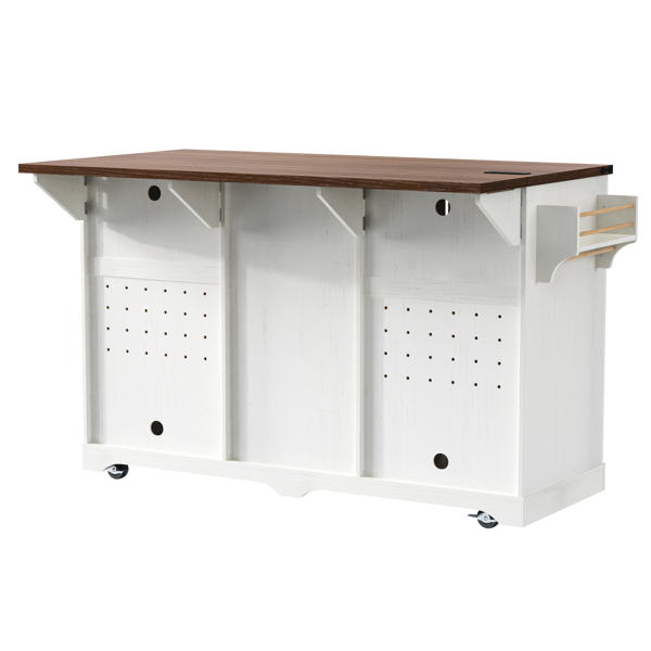 K&K 72" Farmhouse Kitchen Island with Fridge Storage Space & Power Outlet, Rolling Coffee Bar Cabinet on Wheels with 4 Drawers, Sliding Barn Door, Glass Holder, Drop Leaf, Island Kitchen Table, White-39