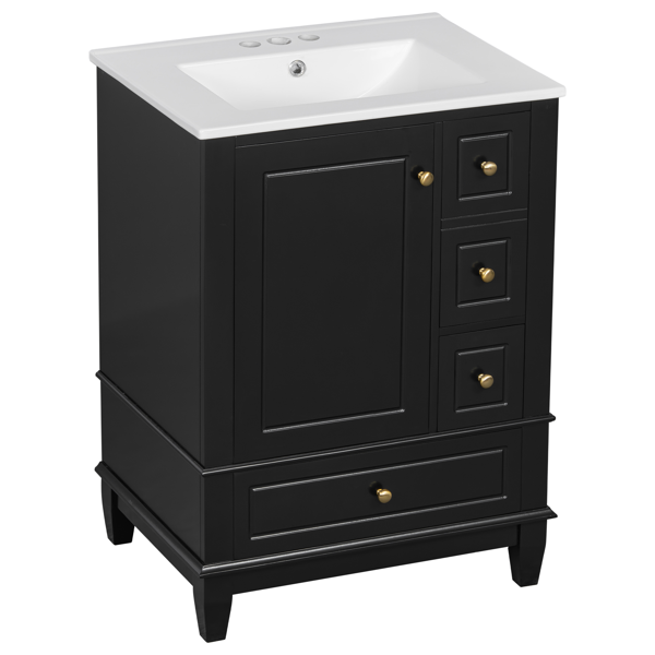 24" Bathroom Vanity with Sink and Drawers, Black Freestanding Vanity Cabinet with Ceramic Top and Storage Shelves, MDF and Solid Wood Base, Modern Sink Cabinet for Small Bathrooms-17