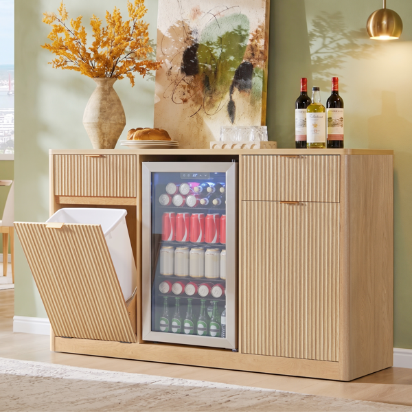 K&K 59" Coffee Bar Cabinet with Fridge Space & Tilt-Out Trash Cabinet, Mini Fridge Wine Cabinet with Storage/Charging Station, Fluted Buffet Sideboard with Glass Holder for Dining Room, Natural Oak-1
