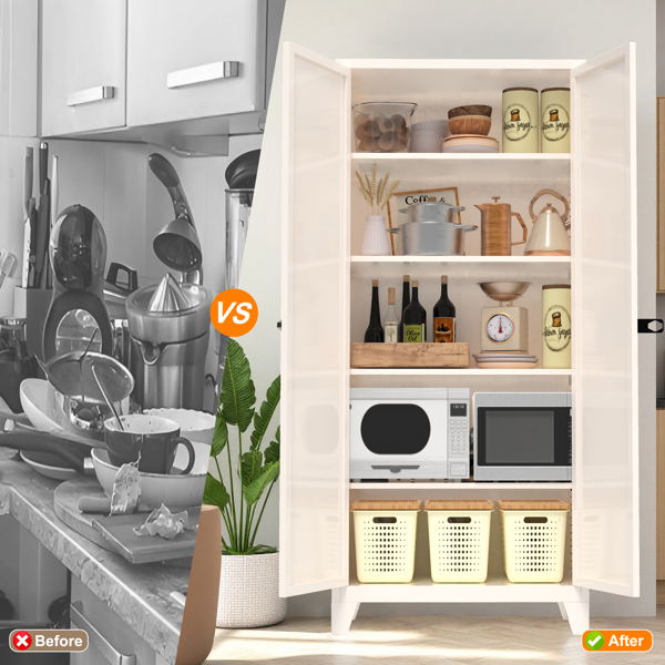 71'' 2 Shapely Door Cabinet With Lock, Metal Storage Cabinet with Doors and Adjustable Shelves, for Kitchen, Bedroom, Living Room(Beige)-28