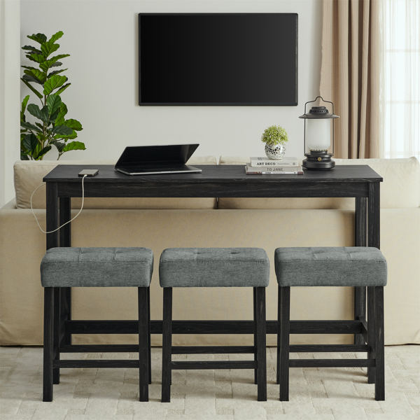 59 Inch Bar Table, Dining Table, Sofa Table with Power Outlet, 3 Upholstered Stools, 4 Piece Bar Table and Chair Set for Living Room, Dining Room, Kitchen-2