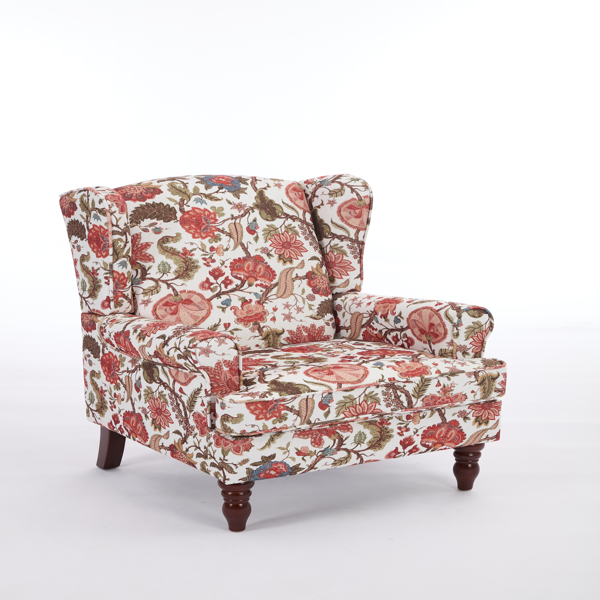 Modern Accent Chair with Retro Wood Legs, Comfy Upholstered Armchair, Floral Design Single Sofa Chair for Living Room Bedroom Office - Floral Red-11