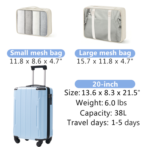 20-Inch Hardshell Carry-On Luggage, Lightweight Durable ABS Suitcase with Spinner Wheels, Built-in TSA Lock, 2 Packing Cubes, Skyblue-6