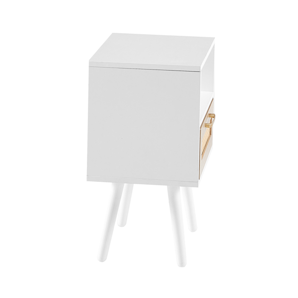 15.75" Rattan End table with  drawer and solid wood legs, Modern nightstand, side table for living room, bedroom, white-10