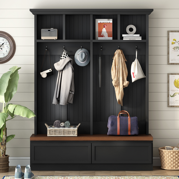 Farmhouse 4-in-1 Hall Tree with Wood Grain Bench, Mudroom Versatile Coat Rack with 2 Large Drawer, Entrance Organizer for Hallway, Living Room, Black, 55.9"W (OLD SKU: N721P313099B)-3