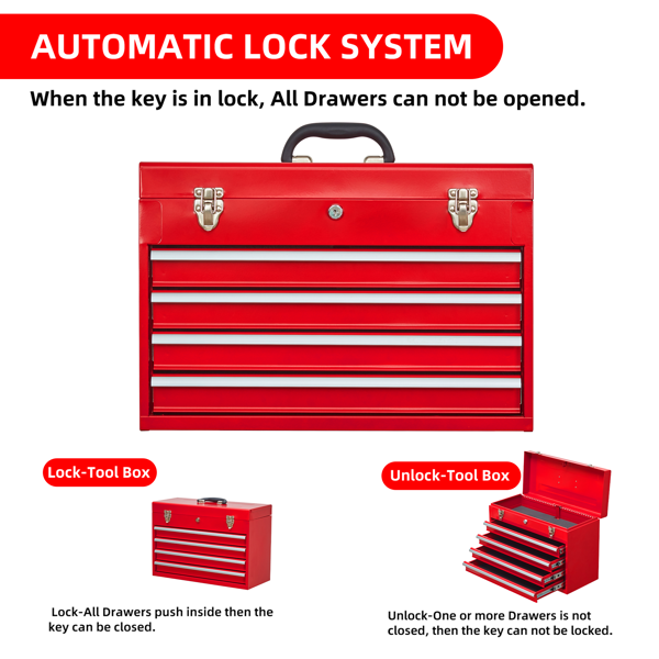 Metal Tool Box with 4 Drawers Portable Steel Tool Chest with Metal Cylinder Lock and Latch Closure, Liner, Red Powder coating, suitable for Garage, Warehouse and Outdoor Repair job-Red-8
