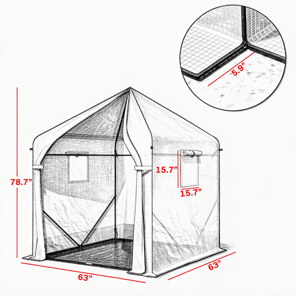 63 x 63 x 78.7英寸步入式温室白色钢架PE盖，带卷帘门和3个网窗-3