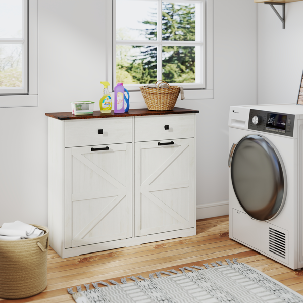 Farmhouse Double Tilt Out Trash Cabinet for 20 Gallon Trash Cans, Free Standing Recycling Cabinet with Hideaway Drawer, Barn Door Style Laundry Sorter Cabinet, Tilt Out Trash Cabinet for Kitchen-14