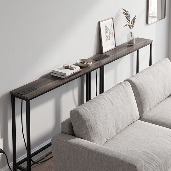2pcs 灰色 密度板贴三胺+铁 200*15*79cm 玄关桌 带排插（美标）-10