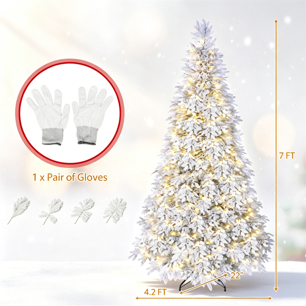 7FT预点亮雪花植绒柏树人造圣诞树，变色LED灯9种模式，铰链枝金属支架，用于室内圣诞装饰-4