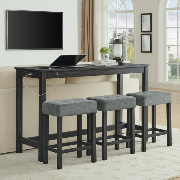 59 Inch Bar Table, Dining Table, Sofa Table with Power Outlet, 3 Upholstered Stools, 4 Piece Bar Table and Chair Set for Living Room, Dining Room, Kitchen-1