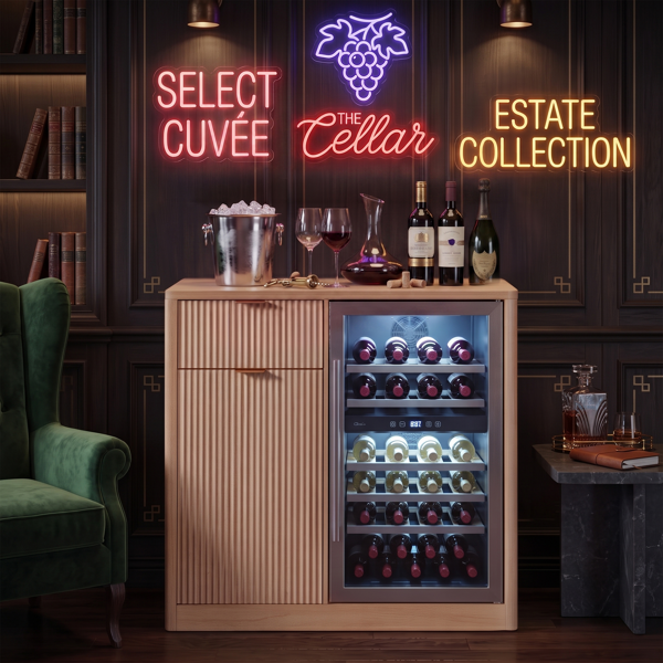K&K 39.4" Coffee Bar Cabinet with Fridge Space, Mini Fridge Liquor Cabinet with Wine Storage & Charging Station, Fluted Buffet Sideboard with Glass Holder for Living Room Kitchen, Natural Oak-4