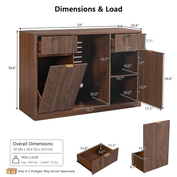 K&K 59" Coffee Bar Cabinet with Fridge Space & Tilt-Out Trash Cabinet, Mini Fridge Wine Cabinet with Storage/Charging Station, Fluted Buffet Sideboard with Glass Holder for Dining Room, Walnut Brown-34