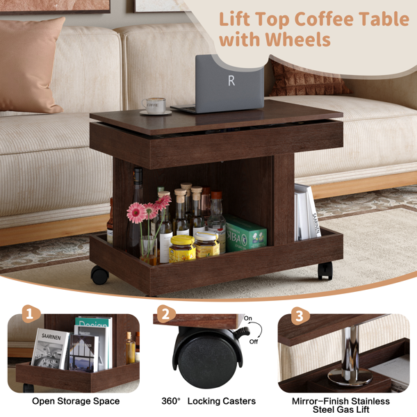 Small Coffee Table with Wheels, 360° Rotating Desktop Multi-Functional Side Table, Rolling End Table with Storage Compartment, Mobile Bedside Table for Living Room Bedroom Home Furniture, Walnut-9