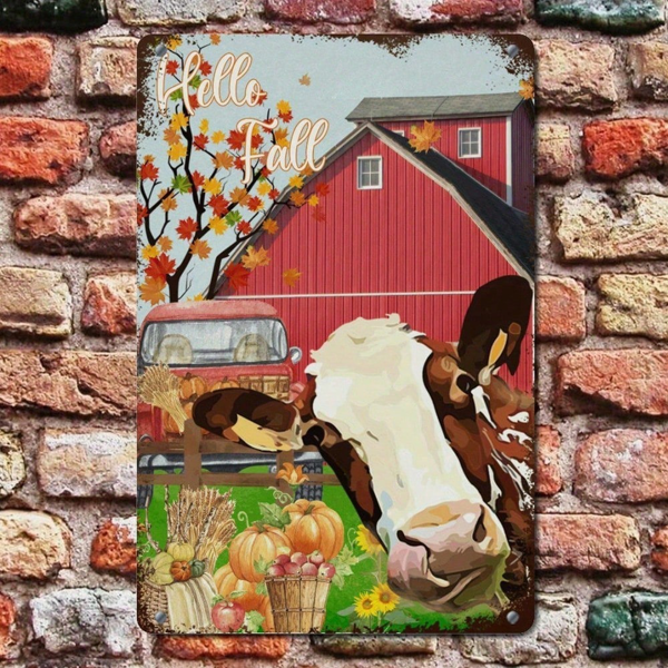 CIFbuy 你好，秋季金属壁饰，乡村农舍风秋日奶牛、红色谷仓与南瓜（TikTok, temu 自提物流）-2