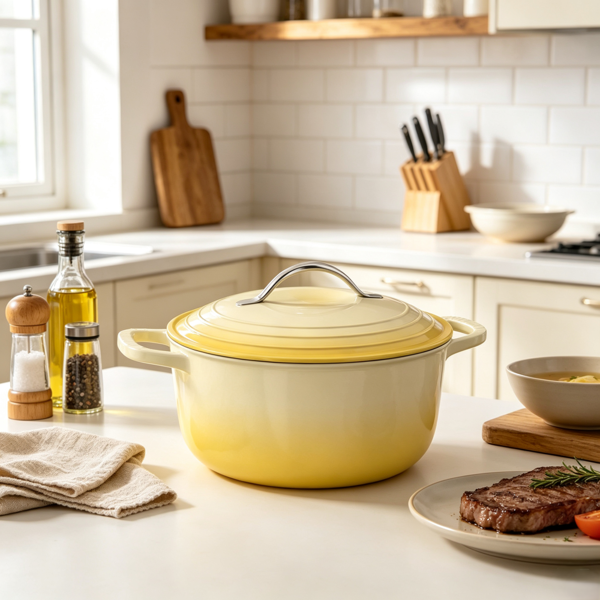 不锈钢手柄 7.5QT 7.1L 圆形 珐琅锅 黄色渐变 含手套 隔热垫-11