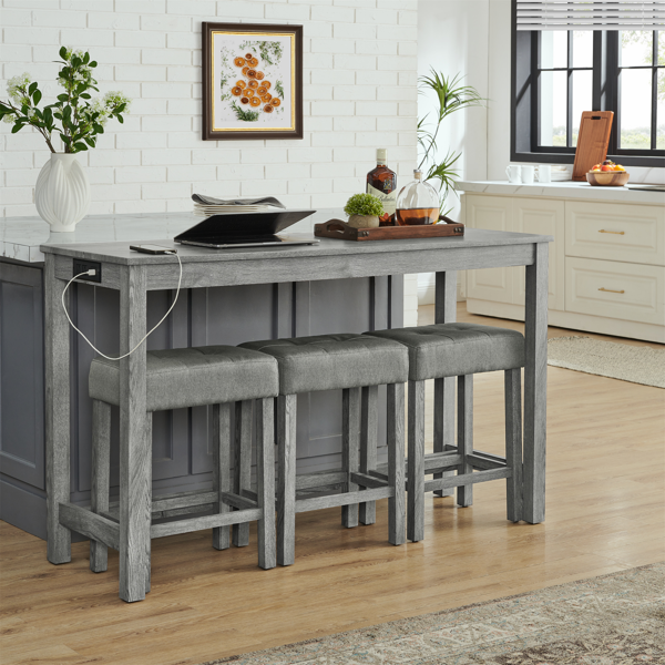 59 Inch Bar Table, Dining Table, Sofa Table with Power Outlet, 3 Upholstered Stools, 4 Piece Bar Table and Chair Set for Living Room, Dining Room, Kitchen-7