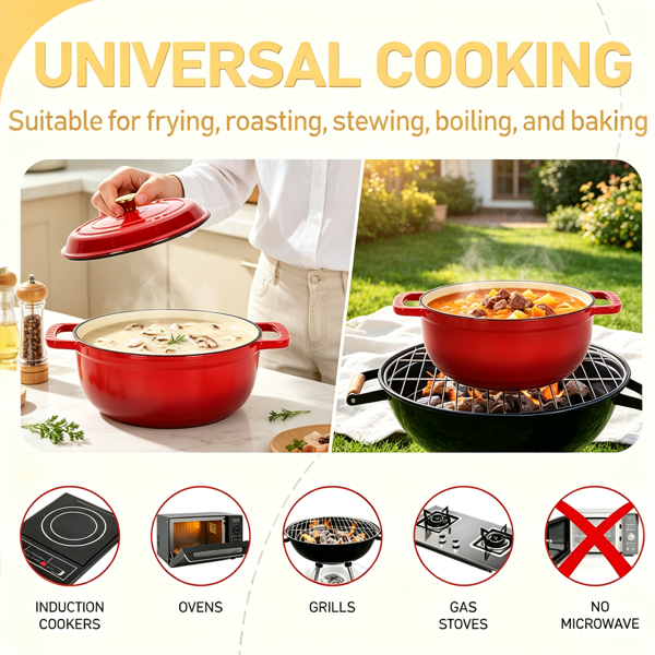 铸铁 5QT 烹饪锅具 红色渐变 含两个硅胶手套 珐琅锅-2