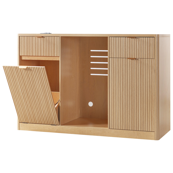 K&K 59" Coffee Bar Cabinet with Fridge Space & Tilt-Out Trash Cabinet, Mini Fridge Wine Cabinet with Storage/Charging Station, Fluted Buffet Sideboard with Glass Holder for Dining Room, Natural Oak-8