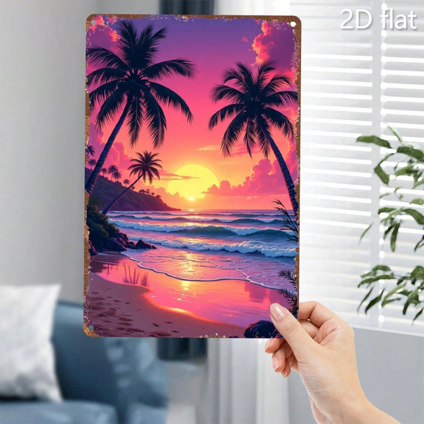 CIFbuy 锡制招牌墙面装饰 2D 平面海滩日落风景，铁艺画 8x12 室内用（TikTok, temu 自提物流）-1