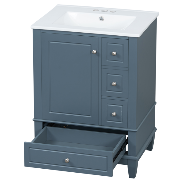 24" Bathroom Vanity with Sink and Drawers, Gray Blue Freestanding Vanity Cabinet with Ceramic Top and Storage Shelves, MDF and Solid Wood Base, Modern Sink Cabinet for Small Bathrooms-29