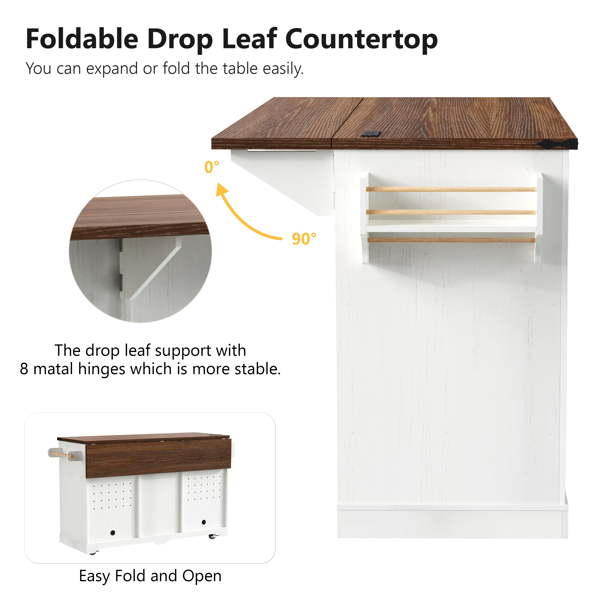 K&K 72" Farmhouse Kitchen Island with Fridge Storage Space & Power Outlet, Rolling Coffee Bar Cabinet on Wheels with 4 Drawers, Sliding Barn Door, Glass Holder, Drop Leaf, Island Kitchen Table, White-27
