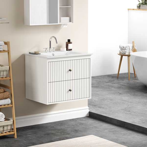 24'' Bathroom Vanity with Sink Set, Floating Bathroom Storage Cabinet with Doors and Drawers, Modern Vanity Sink Cabinet Wall Mount with Painted Surface, White-3