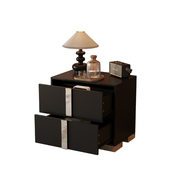 Elegant Nightstand with Metal Foot, Mirrored Bedside Table with 2 Drawers for Bedroom, Living Room, Black-4