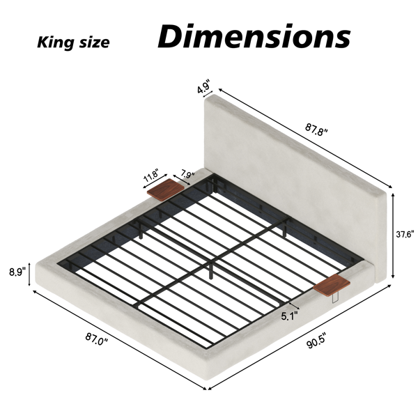 AirFrame King Bed Frame with adjustable Sliding Side Table, 8.7'' Cloud Upholstered Sponge Cushion, Easy Assembly (Off-White).-8