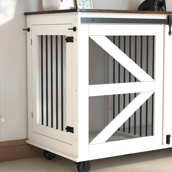 47.2" Mobile Dog Crate with Flip-Top Feeding Door, Dual-Access & 5 Caster System (2 Locking), Side Hooks - Multi-Functional Pet Kennel,double dog crate furniture-16