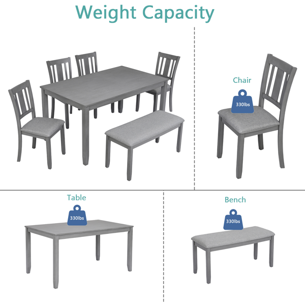 6 Piece Kitchen Dining Set, Rectangular Wooden Dining Table with 4 Upholstered Chairs and a Bench, Dining Table Set for 6 People, Living Room, Home Bar and Kitchen, Gray-5