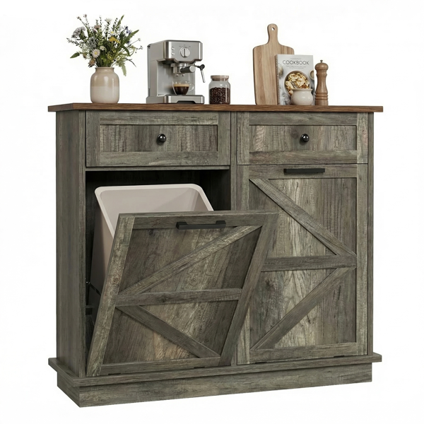Tilt Out Trash Can Cabinet for Kitchen, Double 10-Gallon Hidden Trash Cabinet with Drawer, Farmhouse Wooden Garbage Cabinet, Dog Proof Trash Can Storage for Kitchen Laundry Living Room Office-1