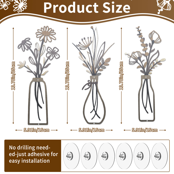 3-Piece Set of Neutral-Toned Metal Vase Wall Decor, Vintage Wrought Iron Vase Wall Hangings, Includes Self-Adhesive Mounting Plates, Suitable for Living Room, Bedroom, and Apartment Decor (Not from an eBay-Certified Warehouse)-2