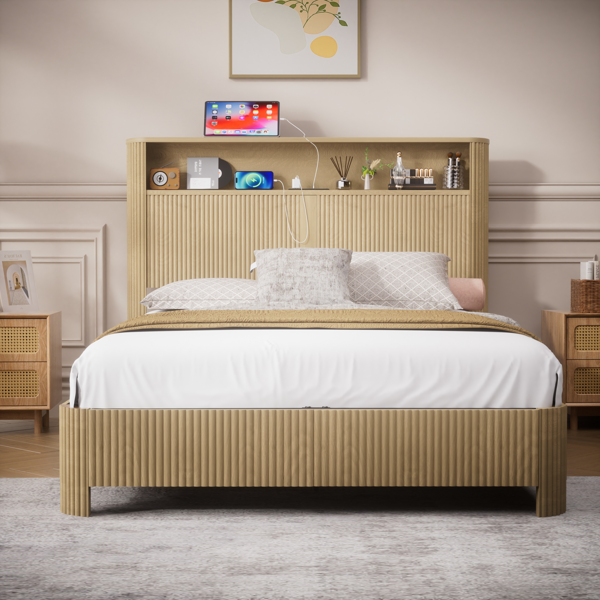 Full Extra Long(Full XL) Size bed frame with storage headboard, built-in charging station, wavy curved lines design, silent operation, metal support, Natural-2