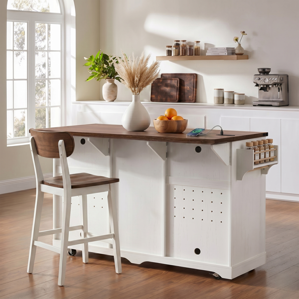 K&K 72" Farmhouse Kitchen Island with Fridge Storage Space & Power Outlet, Rolling Coffee Bar Cabinet on Wheels with 4 Drawers, Sliding Barn Door, Glass Holder, Drop Leaf, Island Kitchen Table, White-21
