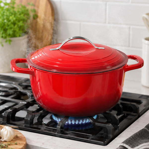 不锈钢手柄 5QT 4.7L 圆形 珐琅锅 红色渐变 含手套 隔热垫-4