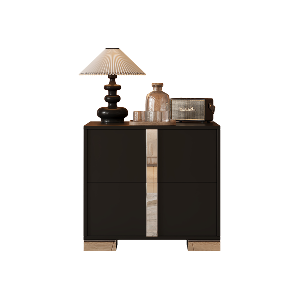 Elegant Nightstand with Metal Foot, Mirrored Bedside Table with 2 Drawers for Bedroom, Living Room, Black-3