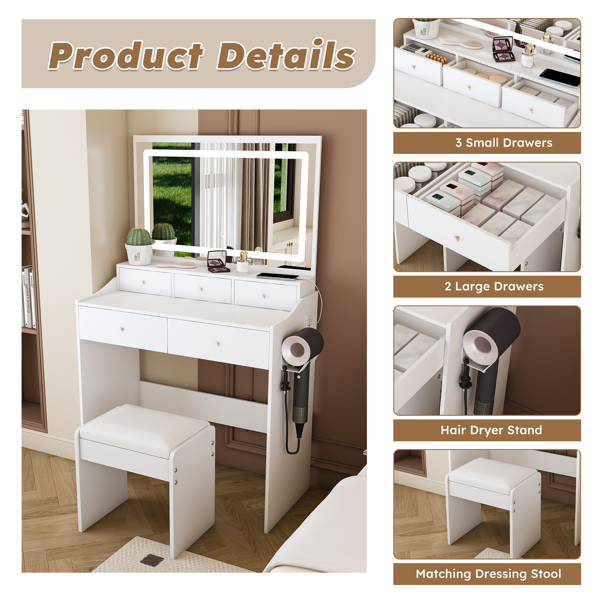 New Large Mirror Vanity Desk for Bed room  , Modern Makeup Vanity Set with Power Outlet and Hair dryer holder, 5 Drawers , 3 Lighting Color Adjustable Dressing Table for Bedroom, White Color-7