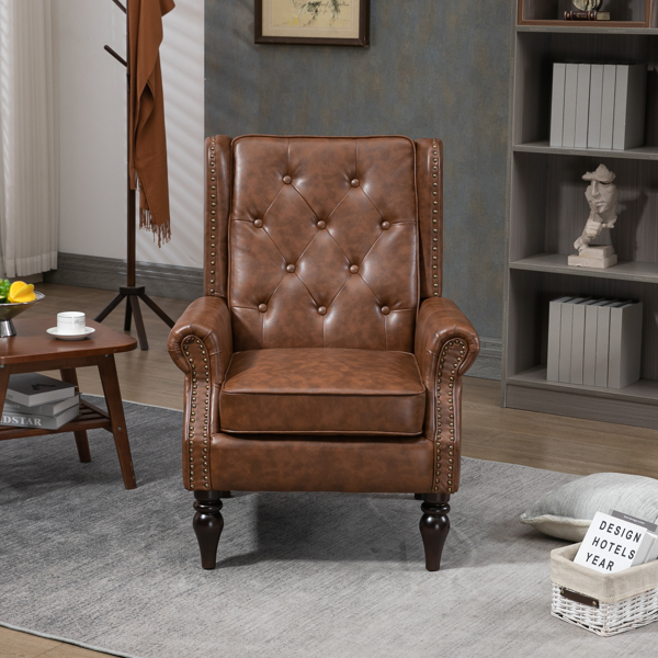 Wood Frame Armchair, Modern Accent Chair Lounge Chair with Sturdy Wood Legs for Living Room Bedroom (Brown PU)-3