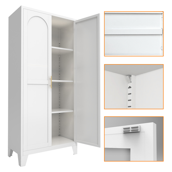 61'' 2 Shapely Doors Cabinet, Metal Storage Cabinet with Doors and Adjustable Shelves, for Bedroom, Living Room(White)-6