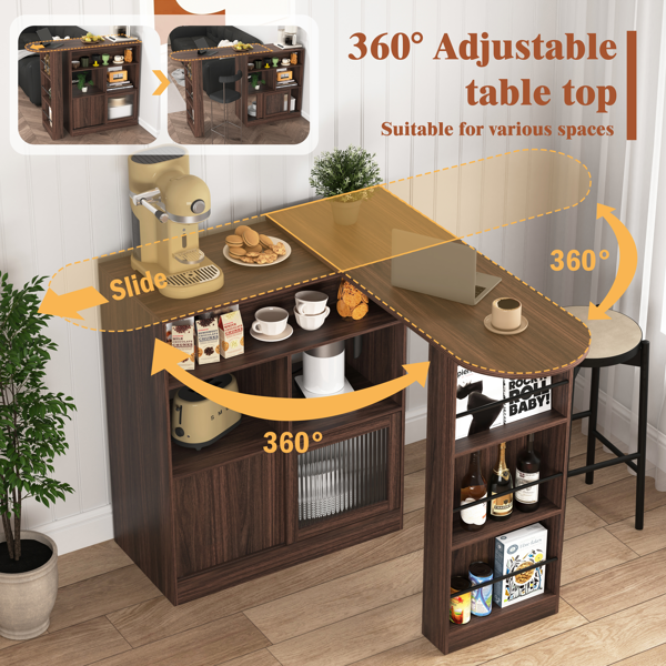 Modern Bar Cabinet with Rotating top, Counter Height Dining Cabinet with 6 Storage space and 2 Ribbed Glass Door for Kitchen, The Rotating Top with 3 Storage Shelves Dining Room, Living Room, Walnut-2
