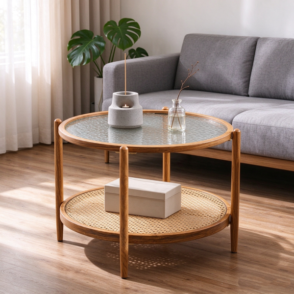 【禁售AM】双层 茶几 热转印木纹 CTR0RWS 65*65*47cm 圆形 水波纹玻璃 PE藤 铁-11