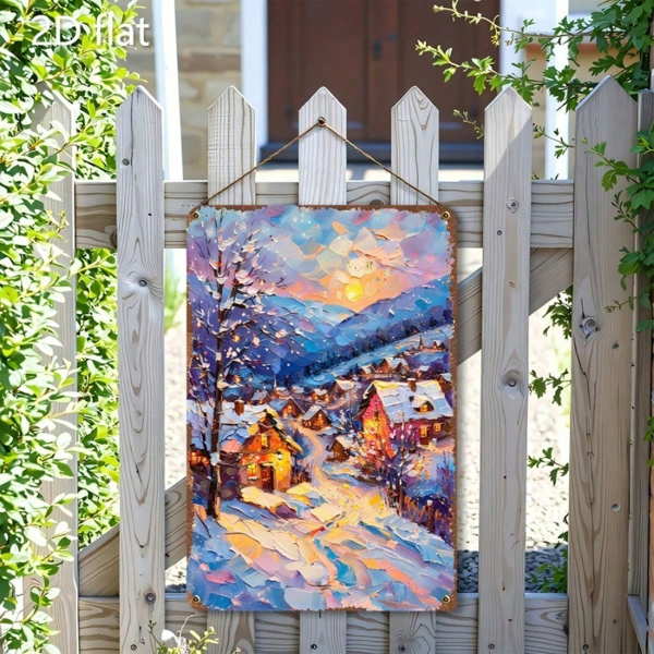 CIFbuy 1件2D平面金属壁饰 冬日村庄雪景，温馨小木屋装饰牌 8x12英寸（TikTok, temu 自提物流）-3