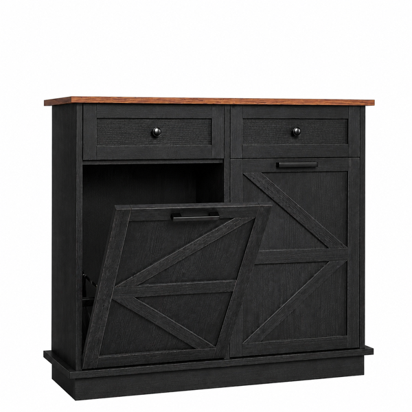 Tilt Out Trash Can Cabinet for Kitchen, Double 10-Gallon Hidden Trash Cabinet with Drawer, Farmhouse Wooden Garbage Cabinet, Dog Proof Trash Can Storage for Kitchen Laundry Living Room Office-6