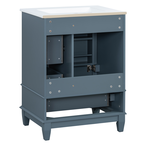 24" Bathroom Vanity with Sink and Drawers, Gray Blue Freestanding Vanity Cabinet with Ceramic Top and Storage Shelves, MDF and Solid Wood Base, Modern Sink Cabinet for Small Bathrooms-7