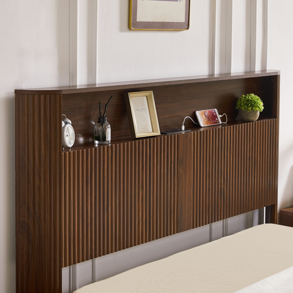 Full Extra Long(Full XL) Size bed frame with storage headboard, built-in charging station, wavy curved lines design, silent operation, metal support, Walnut-8