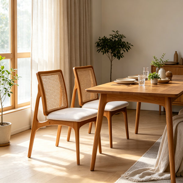 Set of 2 Mid Century Modern Rattan Dining Chairs, Solid Rubber Wood Frame Dining Side Chairs with Natural Cane Rattan Backrest-1