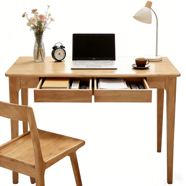 Solid Wood Desk with Drawers, Standing Desk with Smooth Edges, Home Office Desk for Small Spaces, Mid Century Modern Desk for Study, Bedroom, Living Room, Office, (Natural Wood Color)-12